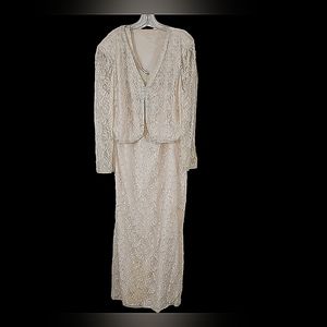 White Lace Evening Gown Embellished with Pearls & Bugle Beads.Has Bollero Jacket